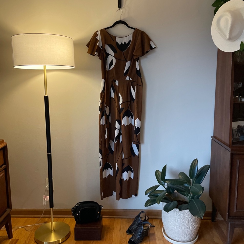 Eva Franco Anthropologie Miranda Jumpsuit in Brown Black White Bold Floral XS/2
